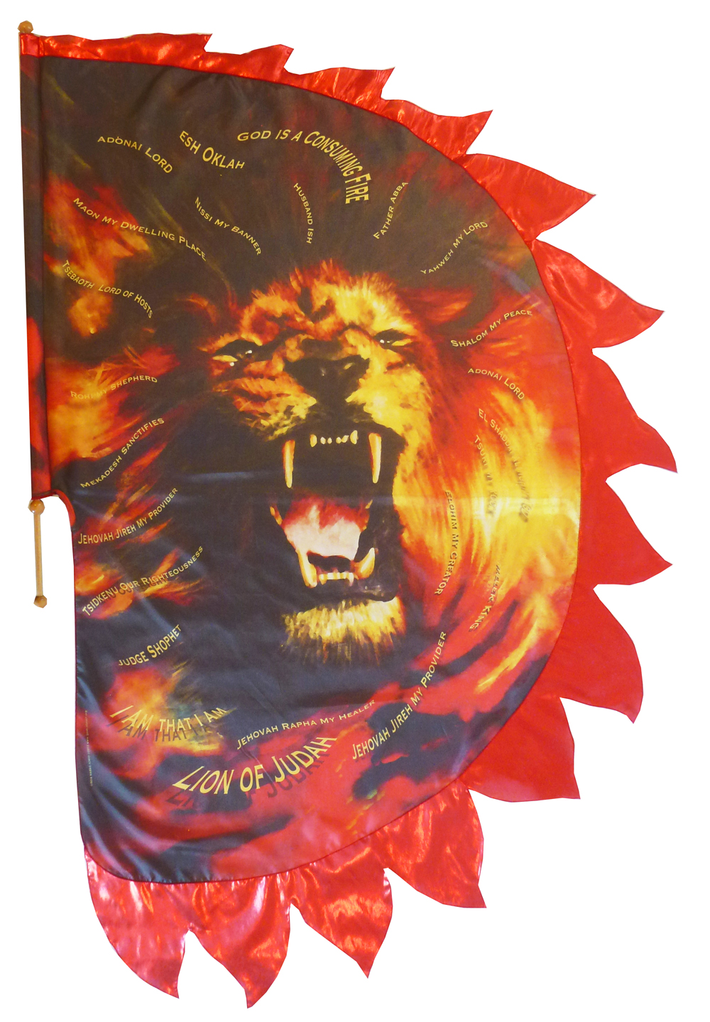 ROAR Lion of Judah flag with flame edges.